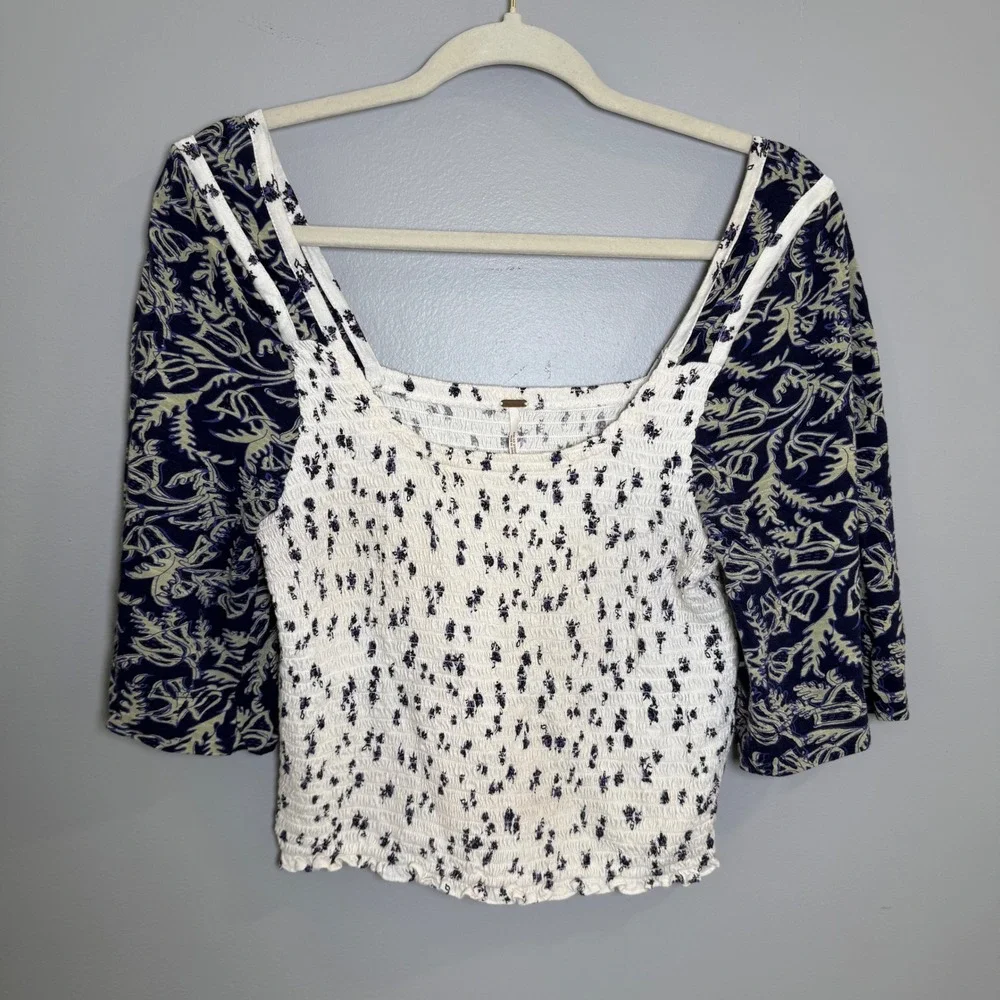 Free People Smocked Floral Square Neck Bell Sleeve Top OB1434162 Navy Cream S